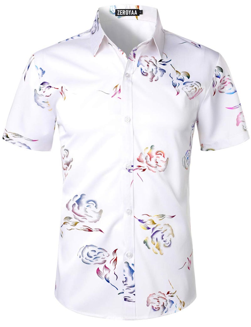 ZEROYAA Mens Hipster Gold Rose Printed Slim Fit Short Sleeve Button Down Dress Shirts ZZCL41 Multicolored Large - Image 1